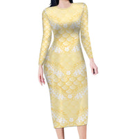 Pastel Yellow Mermaid Puakenikeni Maile Lei Long Sleeve Bodycon Dress