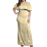 Pastel Yellow Mermaid Puakenikeni Maile Lei Off Shoulder Maxi Dress