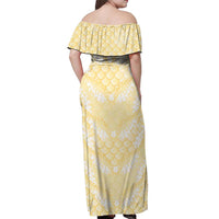 Pastel Yellow Mermaid Puakenikeni Maile Lei Off Shoulder Maxi Dress