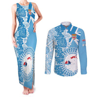 Personalised Fiji Day Couples Matching Tank Maxi Dress and Long Sleeve Button Shirt Fijian Map Hibiscus Tapa Pattern LT01