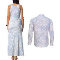 Samoa White Sunday Couples Matching Tank Maxi Dress and Long Sleeve Button Shirt Plumeria Floral