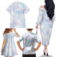 Samoa White Sunday Family Matching Off The Shoulder Long Sleeve Dress and Hawaiian Shirt Sweet Pastel Plumeria Floral