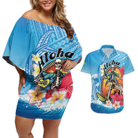 Personalized Aloha Hawaii Skeleton Surfing Couples Matching Off Shoulder Short Dress and Hawaiian Shirt Tribal Shark Plumeria