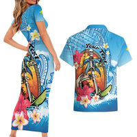 Personalized Aloha Hawaii Skeleton Surfing Couples Matching Short Sleeve Bodycon Dress and Hawaiian Shirt Tribal Shark Plumeria