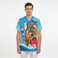 Personalized Aloha Hawaii Skeleton Surfing Scrub Top Tribal Shark Plumeria - Polynesian Pride