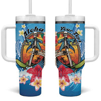Personalized Aloha Hawaii Skeleton Surfing Tumbler With Handle Tribal Shark Plumeria