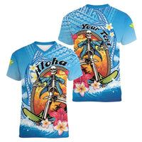 Personalized Aloha Hawaii Skeleton Surfing Women V-Neck T-Shirt Tribal Shark Plumeria