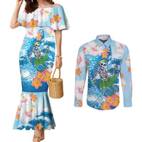 Personalized Hawaii Hula Girl Skeleton Dancing Couples Matching Mermaid Dress and Long Sleeve Button Shirt Hibiscus Tribal Shark LT01 Blue - Polynesian Pride