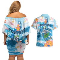 Personalized Hawaii Hula Girl Skeleton Dancing Couples Matching Off Shoulder Short Dress and Hawaiian Shirt Hibiscus Tribal Shark LT01 - Polynesian Pride