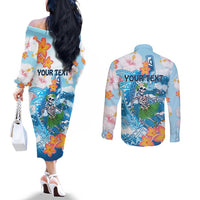 Personalized Hawaii Hula Girl Skeleton Dancing Couples Matching Off The Shoulder Long Sleeve Dress and Long Sleeve Button Shirt Hibiscus Tribal Shark LT01 - Polynesian Pride