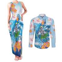 Personalized Hawaii Hula Girl Skeleton Dancing Couples Matching Tank Maxi Dress and Long Sleeve Button Shirt Hibiscus Tribal Shark LT01 Blue - Polynesian Pride