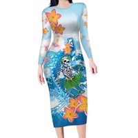 Personalized Hawaii Hula Girl Skeleton Dancing Family Matching Long Sleeve Bodycon Dress and Hawaiian Shirt Hibiscus Tribal Shark LT01 Mom's Dress Blue - Polynesian Pride