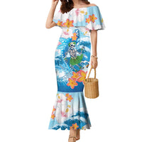 Personalized Hawaii Hula Girl Skeleton Dancing Family Matching Mermaid Dress and Hawaiian Shirt Hibiscus Tribal Shark LT01 Mom's Dress Blue - Polynesian Pride