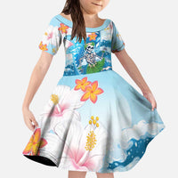 Personalized Hawaii Hula Girl Skeleton Dancing Kid Short Sleeve Dress Hibiscus Tribal Shark