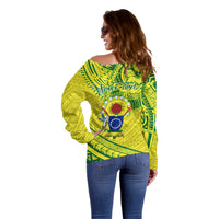 Kia Orana Cook Islands Off Shoulder Sweater Turtle Yellow Green Polynesian Pattern LT01 - Polynesian Pride