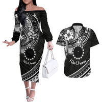 Kia Orana Cook Islands Couples Matching Off The Shoulder Long Sleeve Dress and Hawaiian Shirt Circle Stars With Floral White Pattern LT01 Black - Polynesian Pride