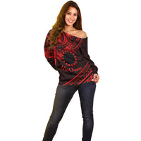 Kia Orana Cook Islands Off Shoulder Sweater Circle Stars With Floral Red Pattern LT01 - Polynesian Pride