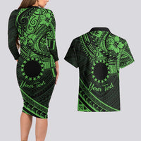 Kia Orana Cook Islands Couples Matching Long Sleeve Bodycon Dress and Hawaiian Shirt Circle Stars With Floral Green Pattern LT01