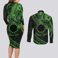 Kia Orana Cook Islands Couples Matching Long Sleeve Bodycon Dress and Long Sleeve Button Shirt Circle Stars With Floral Green Pattern LT01 - Polynesian Pride