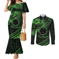 Kia Orana Cook Islands Couples Matching Mermaid Dress and Long Sleeve Button Shirt Circle Stars With Floral Green Pattern LT01 Green - Polynesian Pride