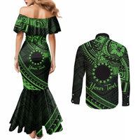 Kia Orana Cook Islands Couples Matching Mermaid Dress and Long Sleeve Button Shirt Circle Stars With Floral Green Pattern LT01 - Polynesian Pride