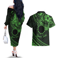 Kia Orana Cook Islands Couples Matching Off The Shoulder Long Sleeve Dress and Hawaiian Shirt Circle Stars With Floral Green Pattern LT01