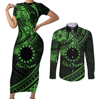 Kia Orana Cook Islands Couples Matching Short Sleeve Bodycon Dress and Long Sleeve Button Shirt Circle Stars With Floral Green Pattern LT01 Green - Polynesian Pride