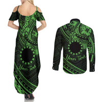 Kia Orana Cook Islands Couples Matching Summer Maxi Dress and Long Sleeve Button Shirt Circle Stars With Floral Green Pattern LT01 - Polynesian Pride