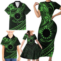Kia Orana Cook Islands Family Matching Short Sleeve Bodycon Dress and Hawaiian Shirt Circle Stars With Floral Green Pattern LT01 - Polynesian Pride