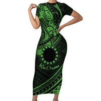 Kia Orana Cook Islands Family Matching Short Sleeve Bodycon Dress and Hawaiian Shirt Circle Stars With Floral Green Pattern LT01 Mom's Dress Green - Polynesian Pride