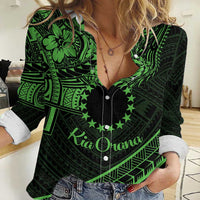 Kia Orana Cook Islands Women Casual Shirt Circle Stars With Floral Green Pattern LT01 Female Green - Polynesian Pride