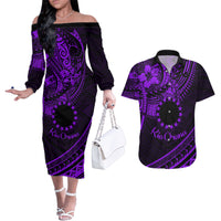 Kia Orana Cook Islands Couples Matching Off The Shoulder Long Sleeve Dress and Hawaiian Shirt Circle Stars With Floral Purple Pattern LT01 Purple - Polynesian Pride