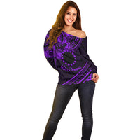 Kia Orana Cook Islands Off Shoulder Sweater Circle Stars With Floral Purple Pattern LT01 - Polynesian Pride