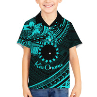 Kia Orana Cook Islands Family Matching Off Shoulder Short Dress and Hawaiian Shirt Circle Stars With Floral Turquoise Pattern LT01 Son's Shirt Turquoise - Polynesian Pride