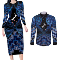 Personalised Aotearoa Matariki Couples Matching Long Sleeve Bodycon Dress and Long Sleeve Button Shirt Blue Fern Maori Poutama