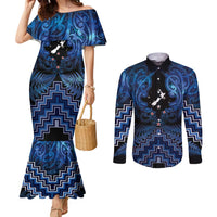 Personalised Aotearoa Matariki Couples Matching Mermaid Dress and Long Sleeve Button Shirt Blue Fern Maori Poutama LT01 Blue - Polynesian Pride