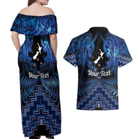 Personalised Aotearoa Matariki Couples Matching Off Shoulder Maxi Dress and Hawaiian Shirt Blue Fern Maori Poutama LT01 - Polynesian Pride