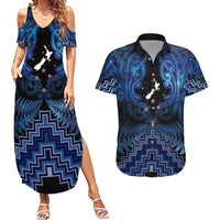 Personalised Aotearoa Matariki Couples Matching Summer Maxi Dress and Hawaiian Shirt Blue Fern Maori Poutama LT01 Blue - Polynesian Pride