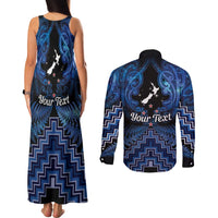 Personalised Aotearoa Matariki Couples Matching Tank Maxi Dress and Long Sleeve Button Shirt Blue Fern Maori Poutama LT01 - Polynesian Pride