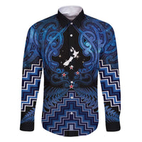 Personalised Aotearoa Matariki Family Matching Long Sleeve Bodycon Dress and Hawaiian Shirt Blue Fern Maori Poutama LT01 Dad's Shirt - Long Sleeve Blue - Polynesian Pride