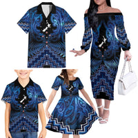 Personalised Aotearoa Matariki Family Matching Off The Shoulder Long Sleeve Dress and Hawaiian Shirt Blue Fern Maori Poutama