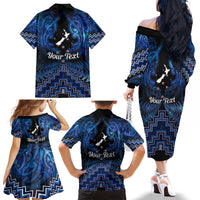 Personalised Aotearoa Matariki Family Matching Off The Shoulder Long Sleeve Dress and Hawaiian Shirt Blue Fern Maori Poutama