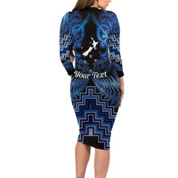 Personalised Aotearoa Matariki Long Sleeve Bodycon Dress Blue Fern Maori Poutama