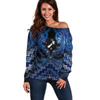 Personalised Aotearoa Matariki Off Shoulder Sweater Blue Fern Maori Poutama