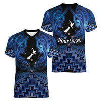 Personalised Aotearoa Matariki Women V-Neck T-Shirt Blue Fern Maori Poutama