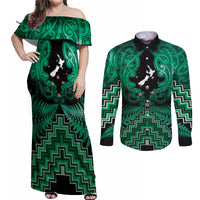Personalised Aotearoa Matariki Couples Matching Off Shoulder Maxi Dress and Long Sleeve Button Shirt Green Fern Maori Poutama LT01 Green - Polynesian Pride