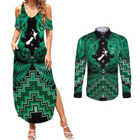 Personalised Aotearoa Matariki Couples Matching Summer Maxi Dress and Long Sleeve Button Shirt Green Fern Maori Poutama LT01 Green - Polynesian Pride