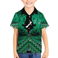 Personalised Aotearoa Matariki Family Matching Off The Shoulder Long Sleeve Dress and Hawaiian Shirt Green Fern Maori Poutama
