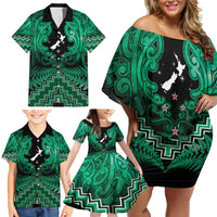 Personalised Aotearoa Matariki Family Matching Off Shoulder Short Dress and Hawaiian Shirt Green Fern Maori Poutama