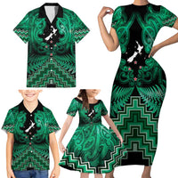 Personalised Aotearoa Matariki Family Matching Short Sleeve Bodycon Dress and Hawaiian Shirt Green Fern Maori Poutama LT01 - Polynesian Pride